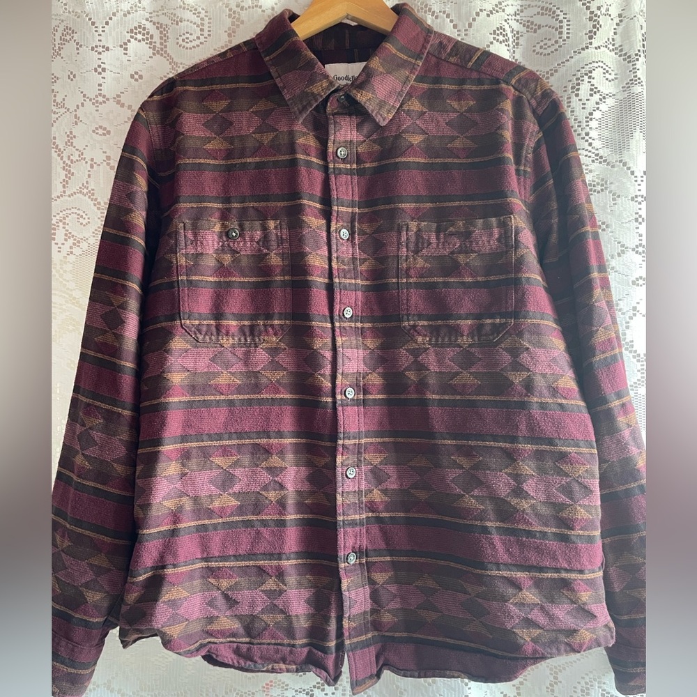 GOODFELLOW & Co Men’s L Burgundy Geometric Aztec Button-Up Shirt Shacket